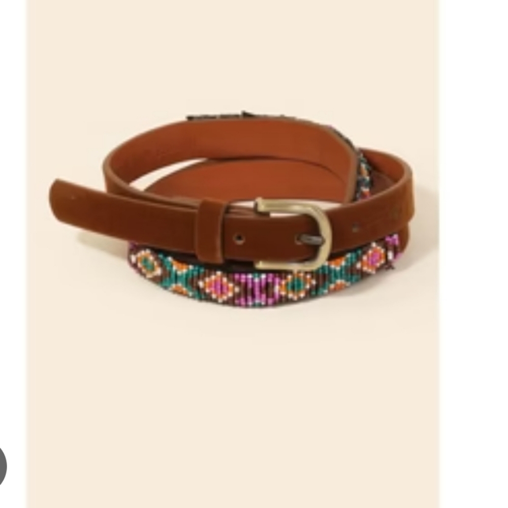 Embroidered Beaded Pattern Faux Leather Belt Brown New - Picture 1 of 4